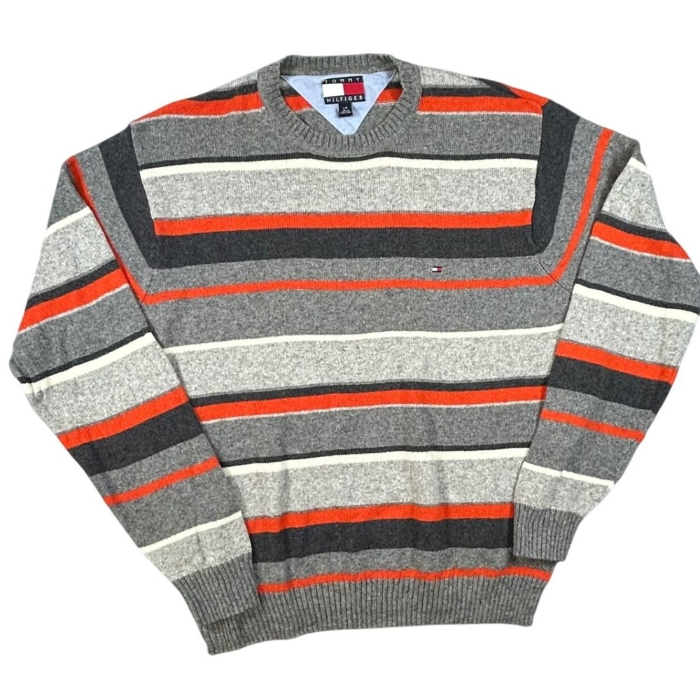 Vintage Tommy Hilfiger Mens Large Striped Cotton Lambswool Crewneck Sweater